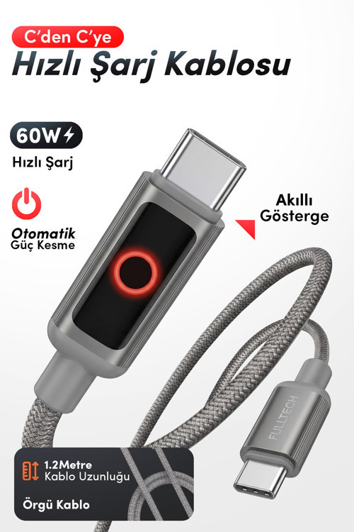 FC152 Type-C to Type-C PD 60W Hızlı Şarj Kablosu 1.2M – 480Mbps Veri Transferi, LED Gösterg