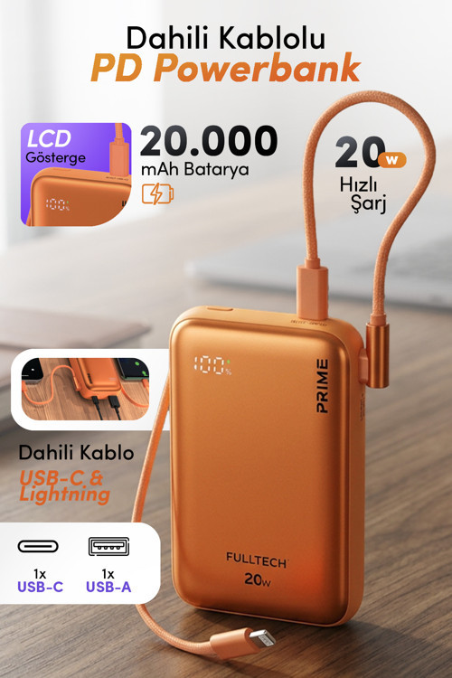 FP48 20000 mAh Powerbank USB-C & Lightning Kablolu 20W Fast Charge Taşınabilir Şarj