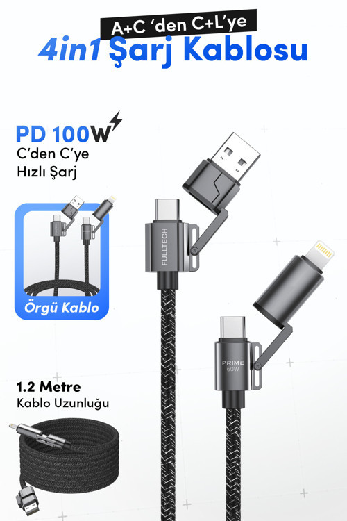 FC154 4’ü 1 Arada Şarj Kablosu PD 100W Type-C & Lightning Hızlı Şarj Kablo (A+C to C+L, 1.2