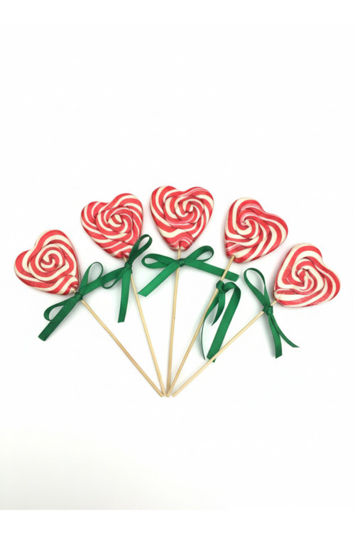 Büyük Boy 20 Adet Kalpli Kurdeleli Sosyete Şeker Lolipop Kırmızı Beyaz Çilek Aromalı