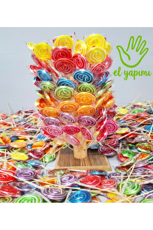 Küçük Boy El Yapımı 100 Adet (Her Renk Ayrı Tat) Sosyete Şeker Ahşap Stand Hediyeli Lolipop Şeker
