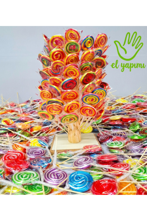 Küçük Boy El Yapımı 100 Adet Karışık Renk Sosyete Şeker Ahşap Stand Hediyeli Tutti Frutti Aromalı Lolipop Şeker