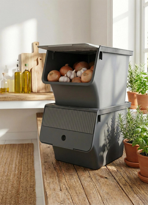 Füme 2'Li 33 LT Modubox Kayar Kapaklı Saklama Kabı & Patates Soğan Kovası & Erzak Kutusu