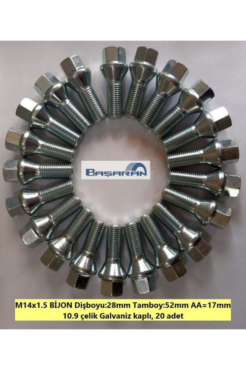 Bijon Takımı Krom Kaplı M14x1.5 - Aa=17mm Dış=28mm, 20 adet bijon
