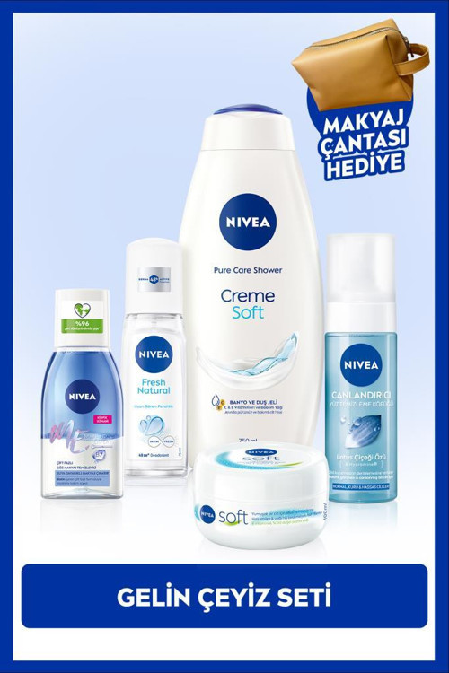 Gelin Çeyiz Seti, Duş Jeli,Yüz Yıkama Köpüğü,Deodorant,Göz Makyaj Temizleyici ve Krem, Çanta Hediye