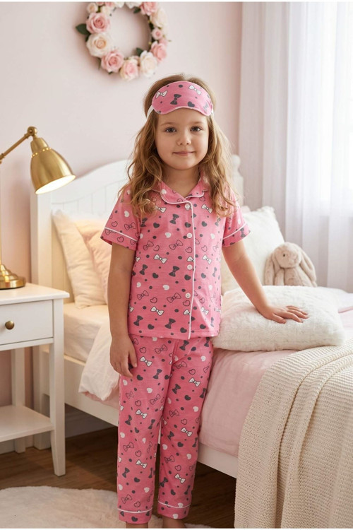 Kız Çocuk Pembe Düğmeli Pijama Takımı Yazlık Pamuklu Kısa Kollu Uyku Bantlı