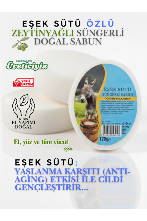 Eşek Sütü Süngerli Bitkisel Banyo Sabunu 120 g, El, Yüz ve Vücut - 1 Adet
