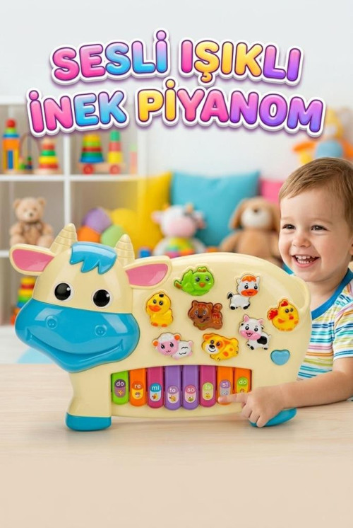 İnek Piyanom! İşıklı Sesli Müzikli 6 Farklı Özellikli Hayvan Sesi Çıkartan Şarkılı Oyuncak Piyano