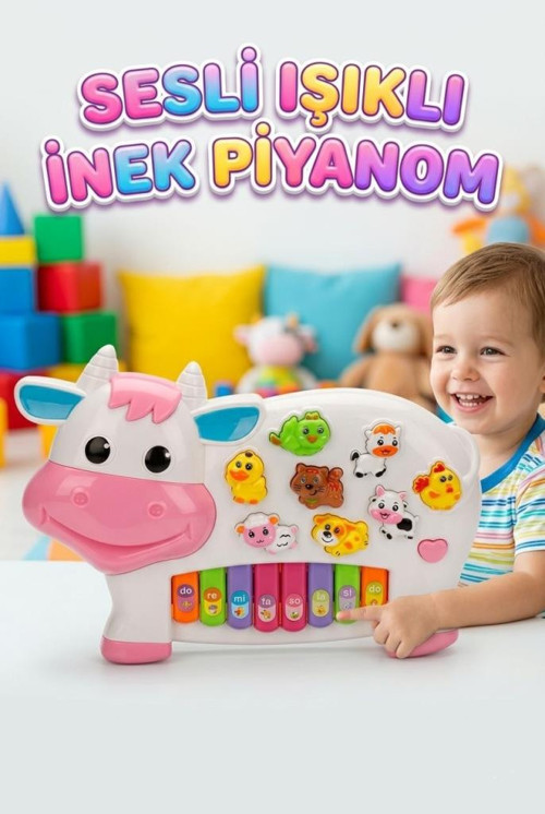 İnek Piyanom! İşıklı Sesli Müzikli 6 Farklı Özellikli Hayvan Sesi Çıkartan Şarkılı Oyuncak Piyano