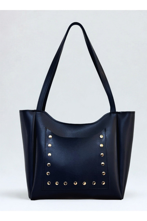 fular & bags Kadın Ön Cepli Zımbalı Fermuarlı Ve Çıtçıt Kapamalı Lacivert Shopper El Ve Omuz Çantası