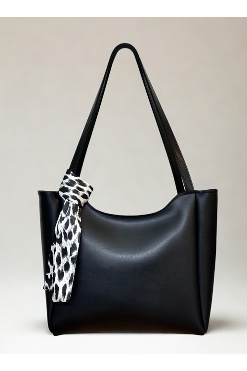 fular & bags Kadın Leopar Fularlı Fermuarlı Ve Çıtçıt Kapamalı Siyah Shopper El Ve Omuz Çantası
