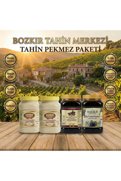 Geleneksel Taş Değirmen Doğal Beyaz Tahin 935 gr 2 adet & Geleneksel üzüm &Keçiboynuzu pekmezi 950 g