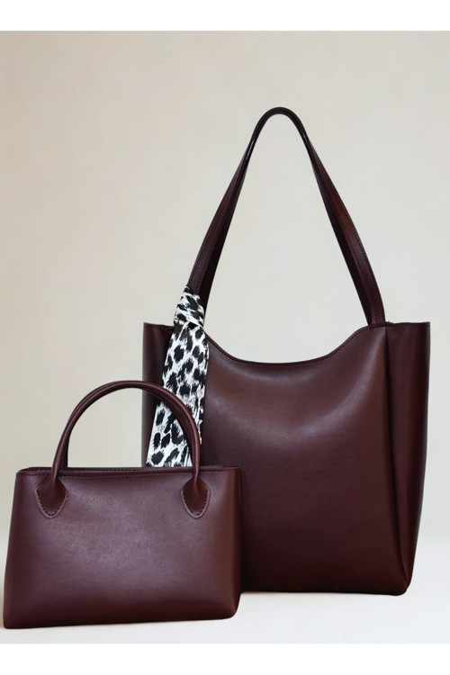 fular & bags Kadın İkili Takım Fularlı Fermuarlı Ve Çıtçıt Kapamalı Bordo Shopper El Ve Omuz Çantası