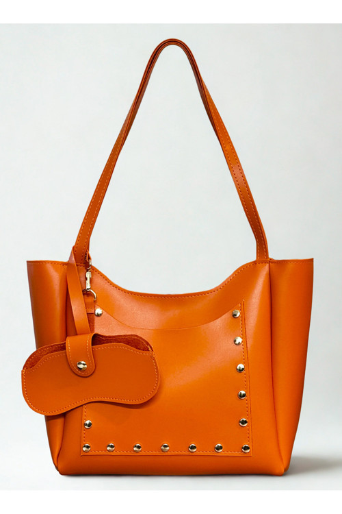 fular & bags Kadın Ön Cepli Zımbalı Gözlüklü Fermuarlı Ve Çıtçıt Kapamalı Turuncu Shopper El Ve Omuz Çantası