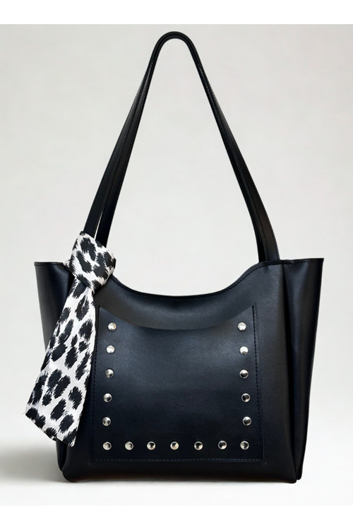 fular & bags Kadın Ön Cep Zımbalı Leopar Fularlı Fermuarlı Ve Çıtçıt Kapamalı Siyah Shopper El Ve Omuz Çantası