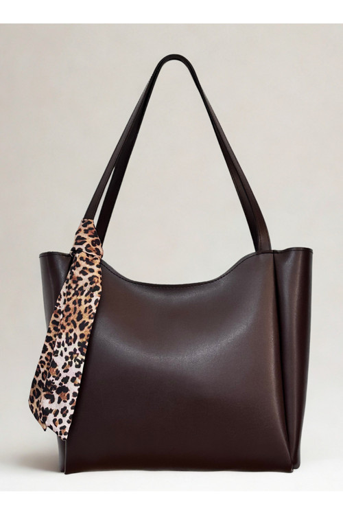 fular & bags Kadın Fularlı Fermuarlı Ve Çıtçıt Kapamalı Kahverengi Shopper El Ve Omuz Çantası