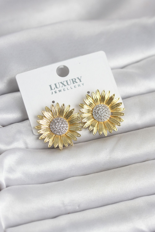 Papatya Model Zirkon Taşlı Pirinç Gold Renk Kadın Küpe TG27BKP11779