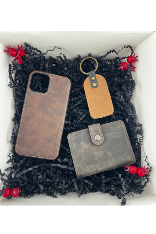 Hakiki Deri Kahverengi Cüzdan, Telefon Kılıfı, Anahtarlık (Kişiye Özel Baskı Yapılabilir)