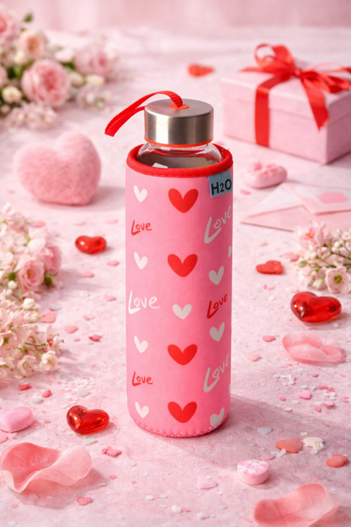 Kalp Desen Kilifli 500 Ml.Cam Matara