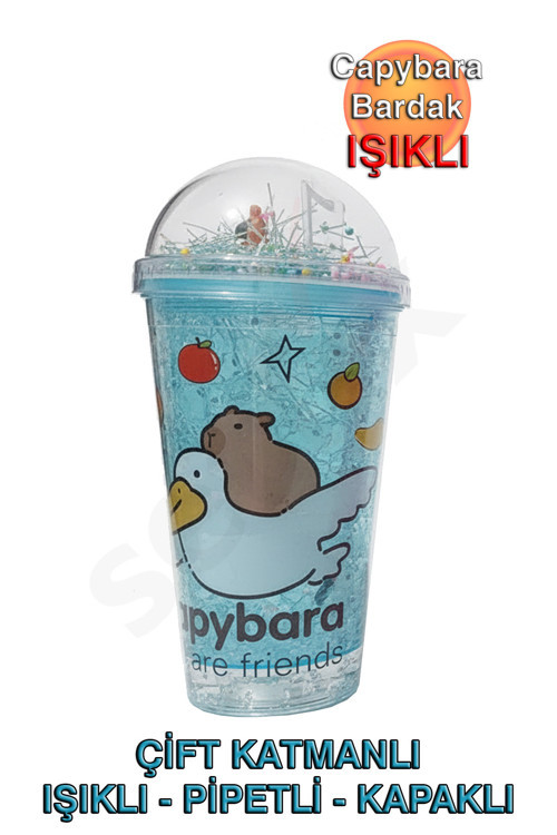 Capybara Çift Cidarlı, Işıklı, Pipetli, Kapaklı Bardak