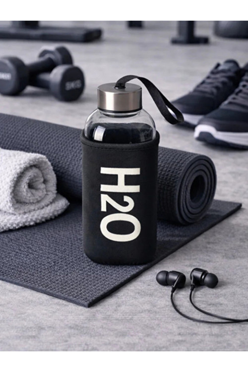 H2O Kare Kılıflı Cam Matara Siyah 530 Ml