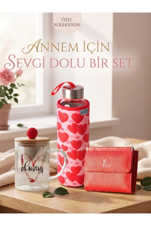 Hakiki Deri Cüzdan, Kupa Ve Kılıflı Matara Seti Anneler Günü Hediyesi