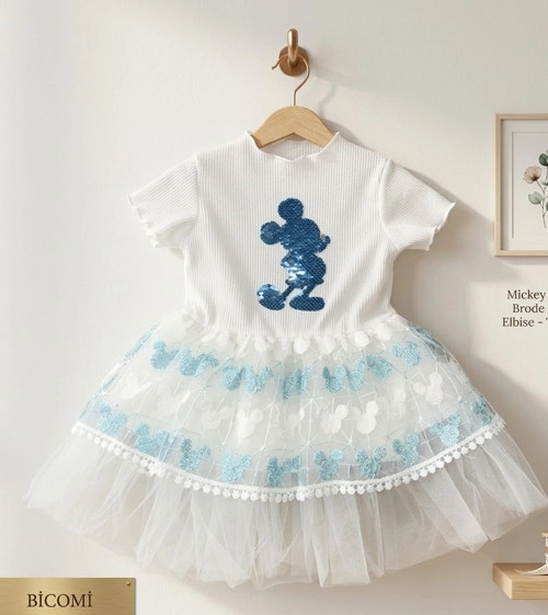 Kız Bebek Mickey Baskılı Brode Etekli Pamuklu Konfor Elbise - Turkuaz