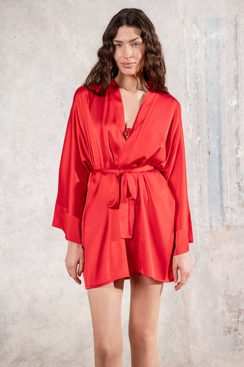 Fumee Kırmızı Kısa Saten Sabahlık / Kimono
