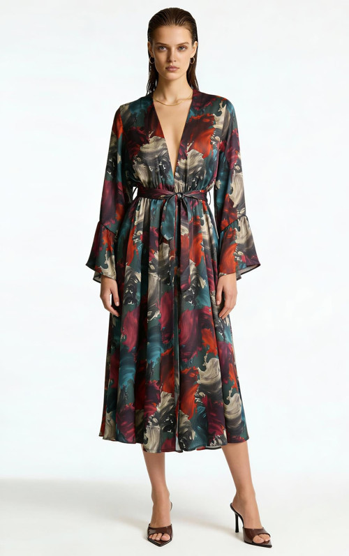 Roxela Desenli Uzun Saten Sabahlık / Kimono