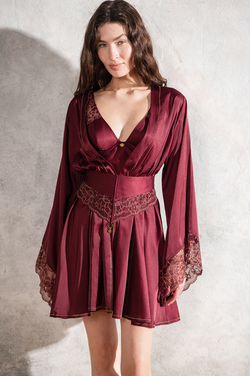 Brigette Bordo Altın Detaylı Dantel Detaylı Kısa Saten Sabahlık / Kimono