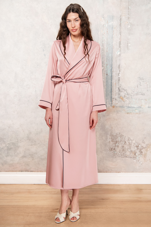Francesca Gül Kurusu Uzun Saten Biye Detaylı Sabahlık / Kimono