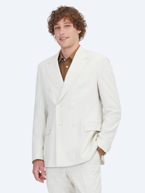 Bej Çizgili Modern Fit Pamuk Karışımlı Takım Elbise
