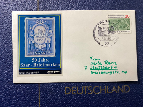 1970 ALMANYA ÖZEL DAMGALI İLK GÜN ZARFI TAG DER BRİEFMARKE 50 JAHRE SAAR BRİEFMARKEN 1953 ERSTAUSGABETAG DEUTSCHLAND BRD