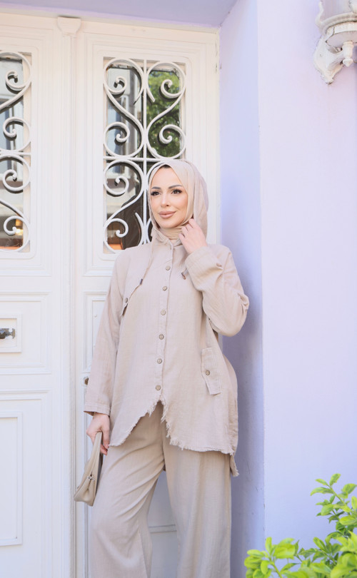 Püsküllü Pamuk Keten Takım