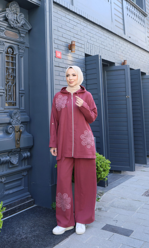 Çiçekli Fermuarlı Pamuk Keten Takım