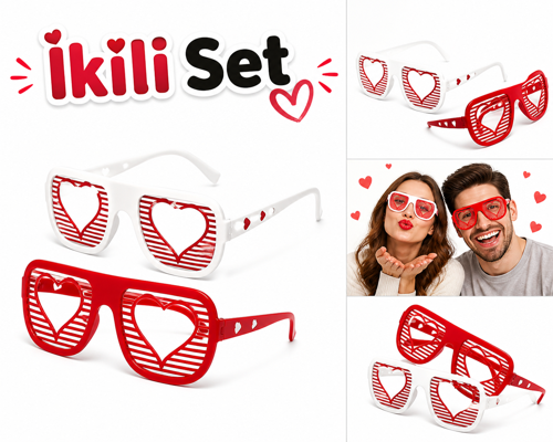 ❤️ Çiftlere Özel Retro Parti Gözlüğü İkili Set | Kalp Detaylı Eğlenceli Tasarım | Renk Seçenekli