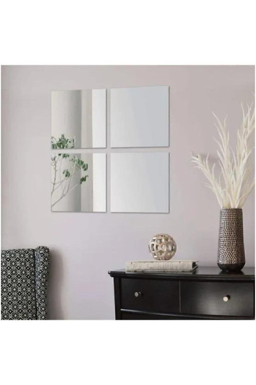 Dekoratif Kare Gümüş Ayna Pleksi Duvar Süsü 20x20 Cm Gümüş 4 ADET
