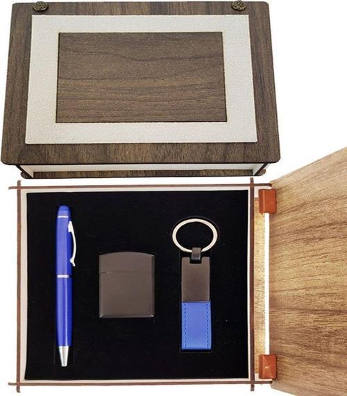 Özel Ahşap Kutulu Lacivert Kalem Anahtarlık ve Çakmak Set