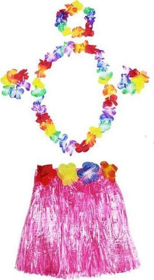 Yetişkin ve Çocuk Uyumlu Luau Aloha Hawaii Pembe Etek ve Renkli Kolye Taç 2 Adet Bileklik Seti