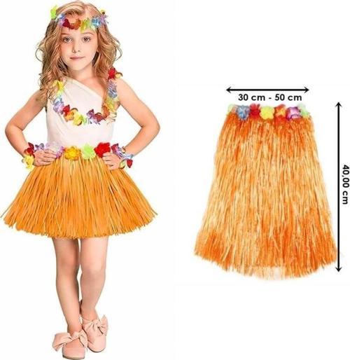 Yetişkin ve Çocuk Uyumlu Turuncu Renk Püsküllü Hawaii Luau Hula Etek 40 cm