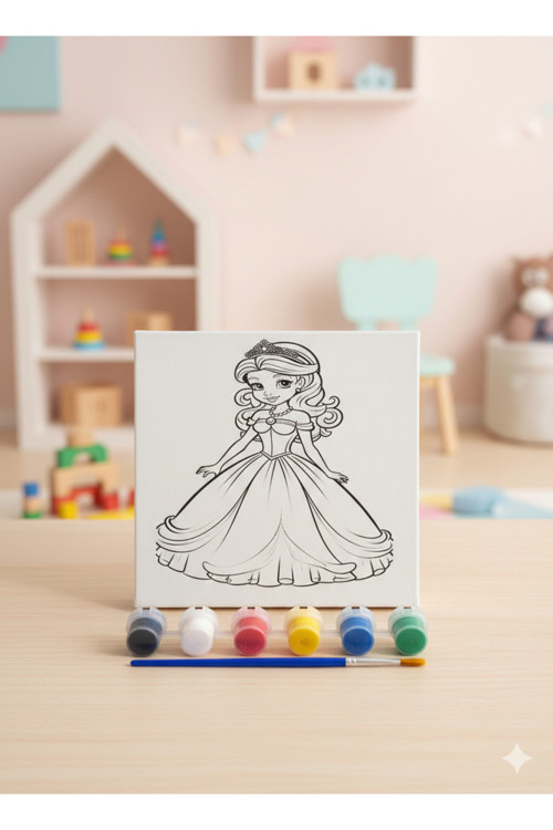 Çocuklar İçin Eğitici Tuval Boyama Seti – Şövale, Fırça Ve 6 Renk Akrilik Boya – 15X15 Cm