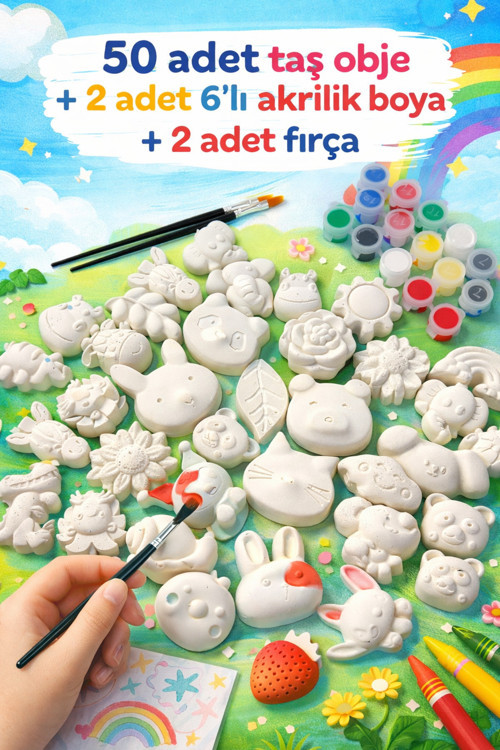 50 Adet Alçı Figür Boyama Seti | Çocuklar İçin Eğitici Yaratıcı Aktivite | 2 Akrilik Boya + 2 Fırça