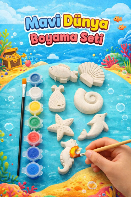 Çocuklar İçin Deniz Temalı Taş Boyama Seti | Çocuk Ekransız Aktivite | 6'Lı Boya + 1 Adet Fırça