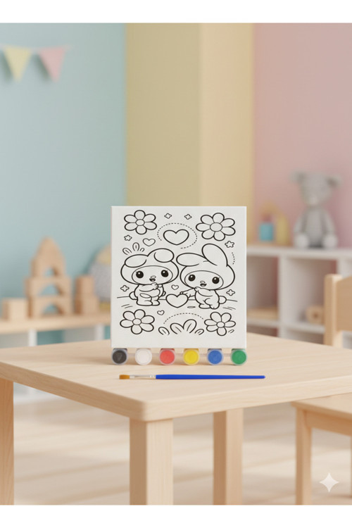 Çocuklar İçin Eğitici Tuval Boyama Seti – Şövale, Fırça Ve 6 Renk Akrilik Boya – 15X15 Cm