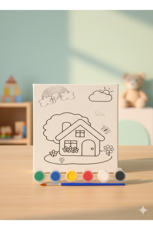 Çocuklar İçin Eğitici Tuval Boyama Seti – Fırça Ve 6 Renk Akrilik Boya – 15X15 Cm