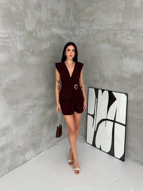 Linen Kadın Kruvaze Drapeli Tokalı Mini Elbise Şık Gece Davet Abiye - Kahverengi