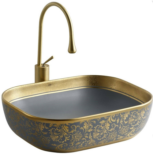 - Tezgah Üstü Porselen Lavabo Gri, Altın OUTLET - EH-4290MGA-