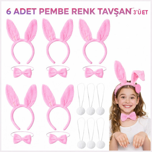 Full Pembe Renk Tşan Sahne Seti 6&Amp;#39;Lı Set Taç Papyon Kuyruk