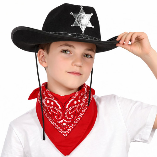 Çuk Kovboy Şapka Rozetli Siyah &Amp; Kırmızı Bandana Fular Seti