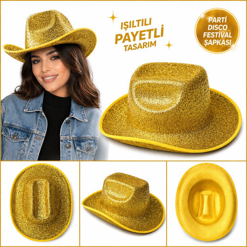 Parlak Altın Gold Kovboy Şapka Kadın Erkek Parti Disco Festival Şapkası